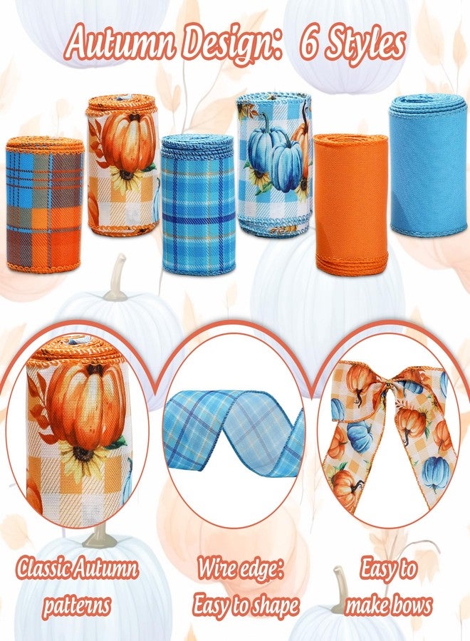 Whaline 6 Rolls Thanksgiving Fall Wired Edge Ribbon Blue Orange Pumpkin Plaid Craft Ribbon Decorative Fabric Ribbons for Autumn Thanksgiving DIY Crafts, 2.5In x 90Ft - Image 3
